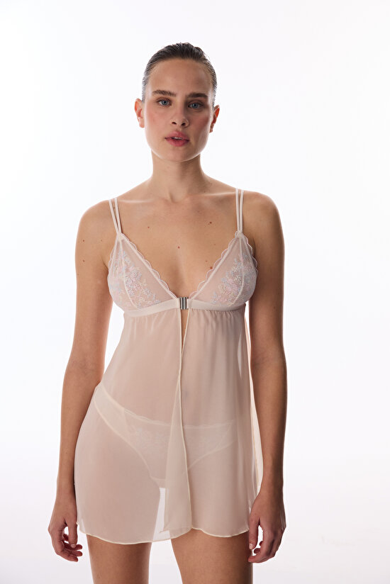 Bej Front Opening İşlemeli Çiçekli Babydoll