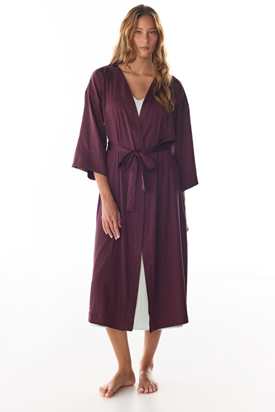 Bordo Aurora Saten Çiçekli 3/4 Kollu Sabahlık