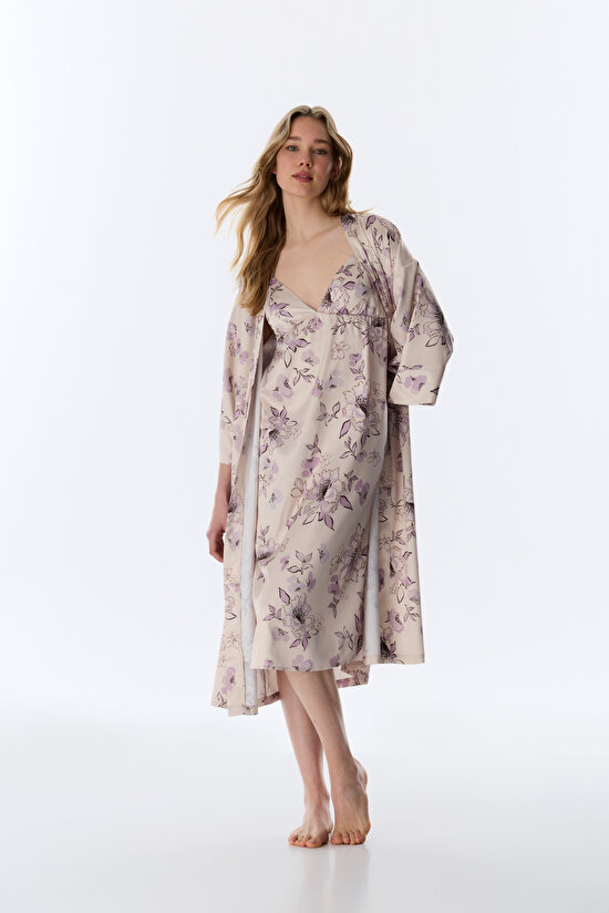 Pastel Bej Petal Saten 3/4 Kollu Sabahlık Pijama Üstü