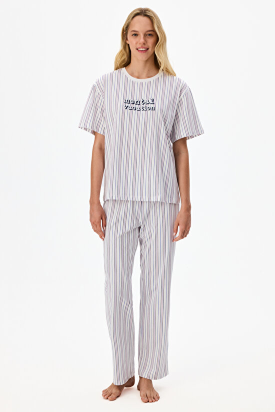 Vacation Çizgili Kısa Kollu Pantolon Pijama Takımı