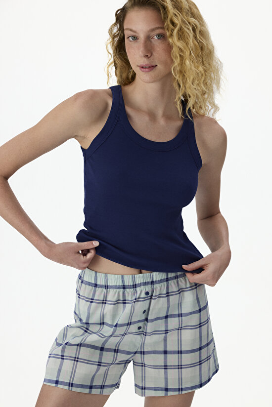 Lacivert Mira Checked Ekoseli Şort Pijama Takımı
